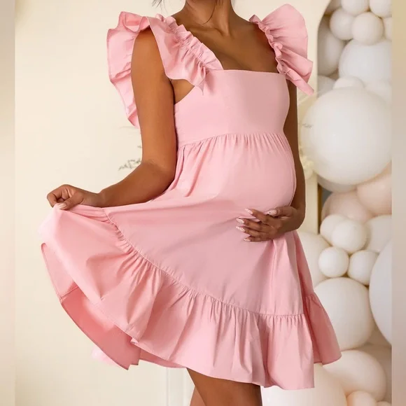 Club L London pink ruffle sleeve babydoll maternity mini dress - Picture 2 of 9